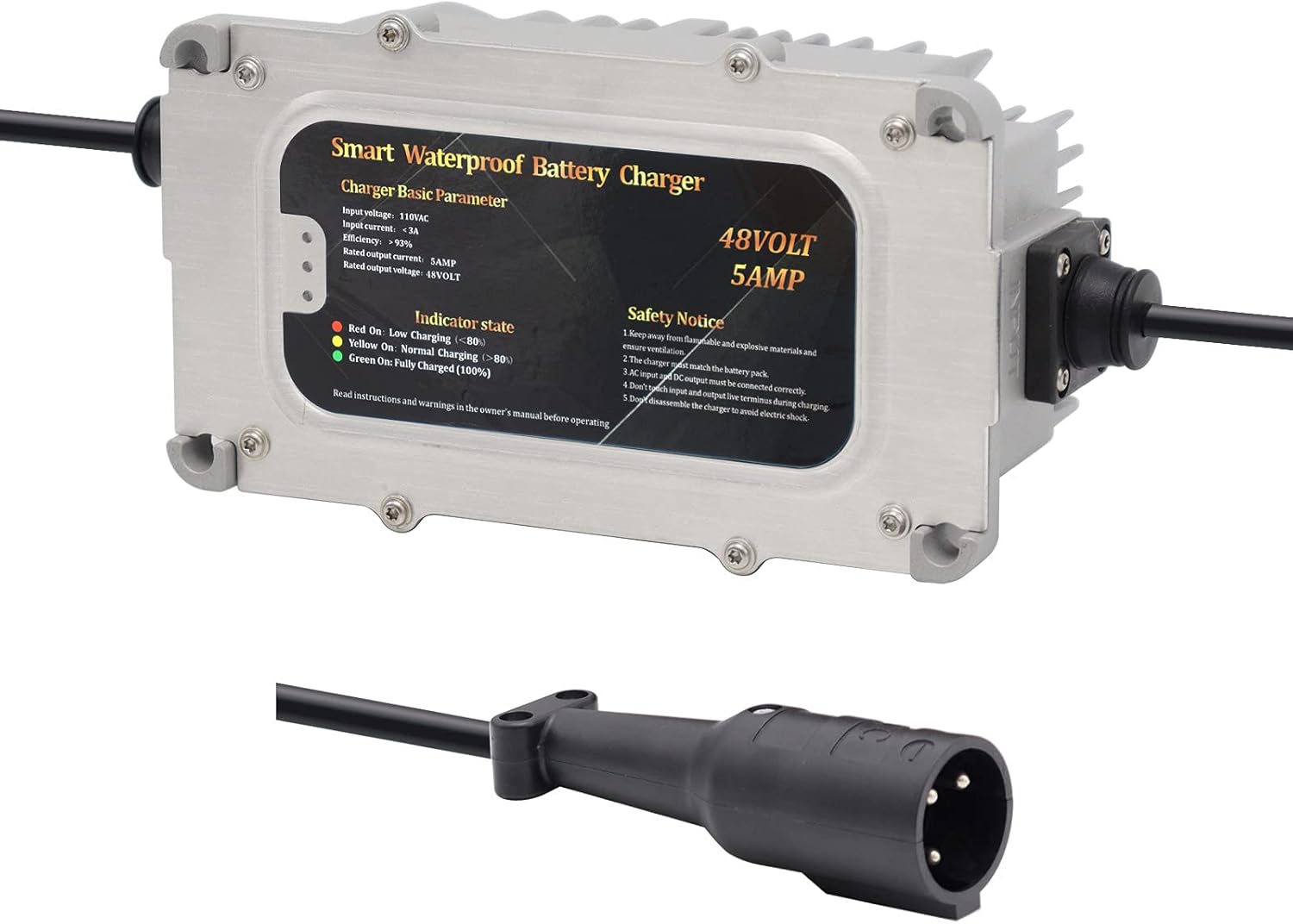 48 Volt 5 AMP Waterproof Golf Cart Battery Charger for 48 Volt Club Car Golf Cart with Round 3 Pin Plug Waterproof IP68