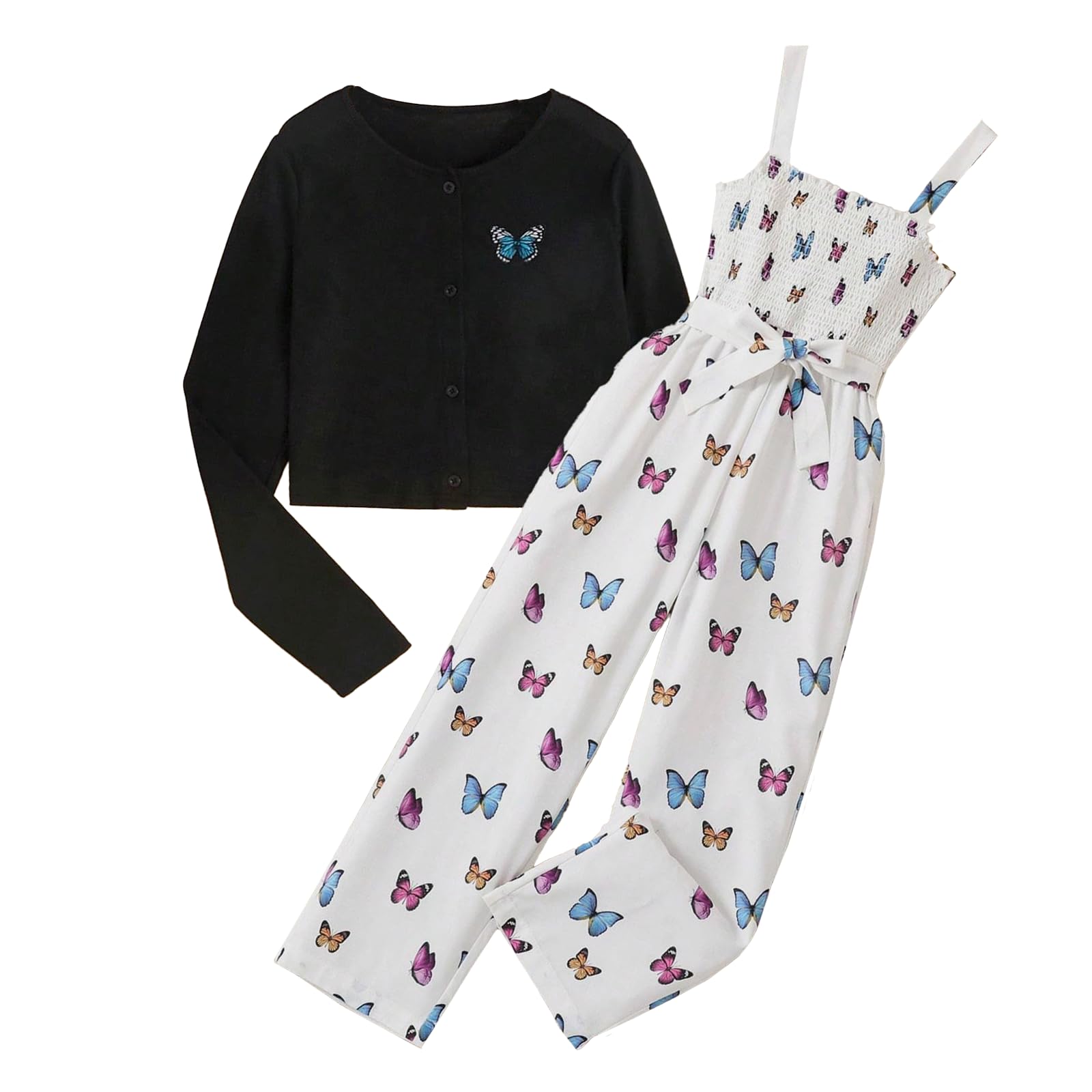 2-teiliges Mädchen-Outfit mit Schmetterlings-Aufdruck, Pullover und Overall, 7–13 Jahre