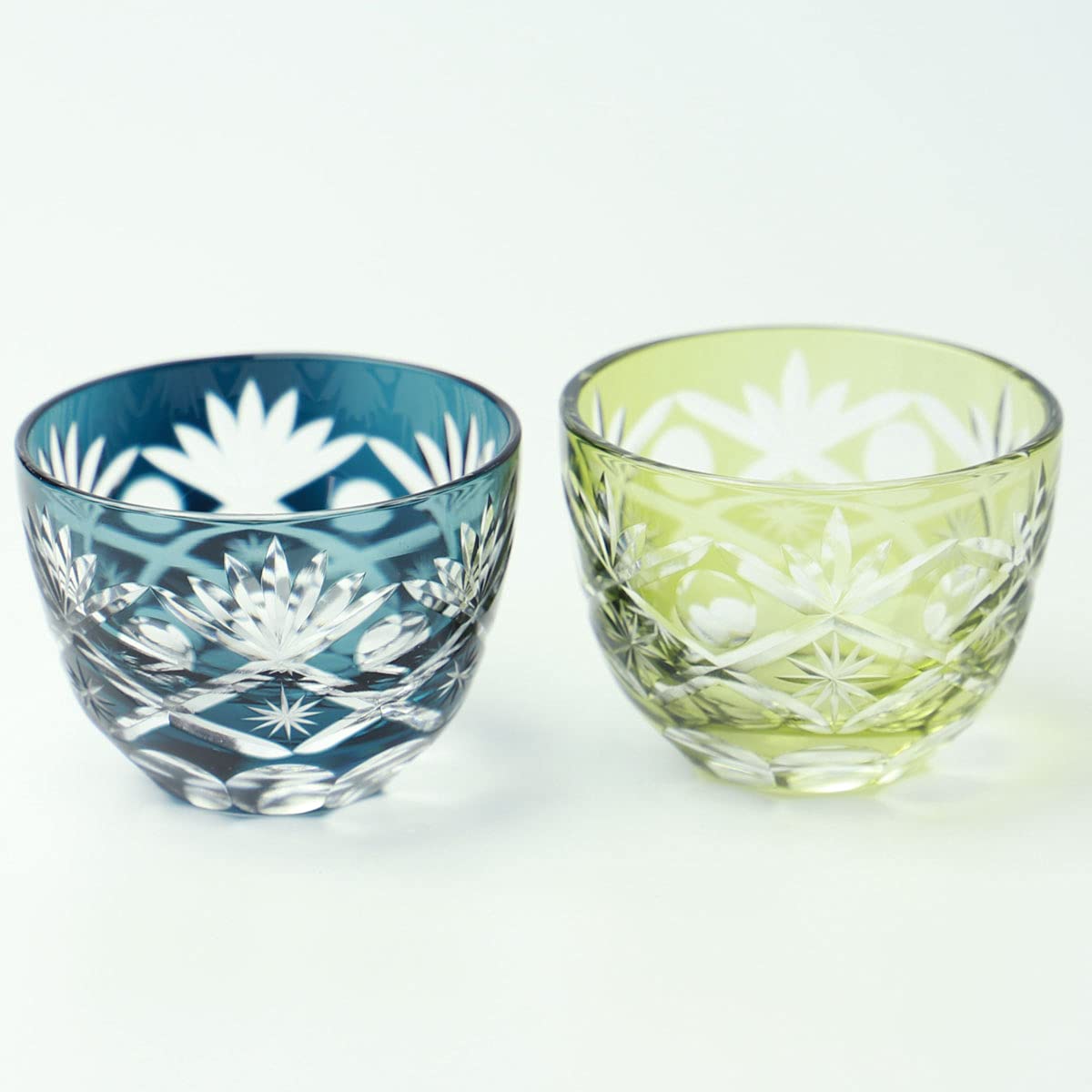 Satsuma Kiriko Guinomi Sake Cup Pair Ink Blue Olive Pine Pattern Gift Box