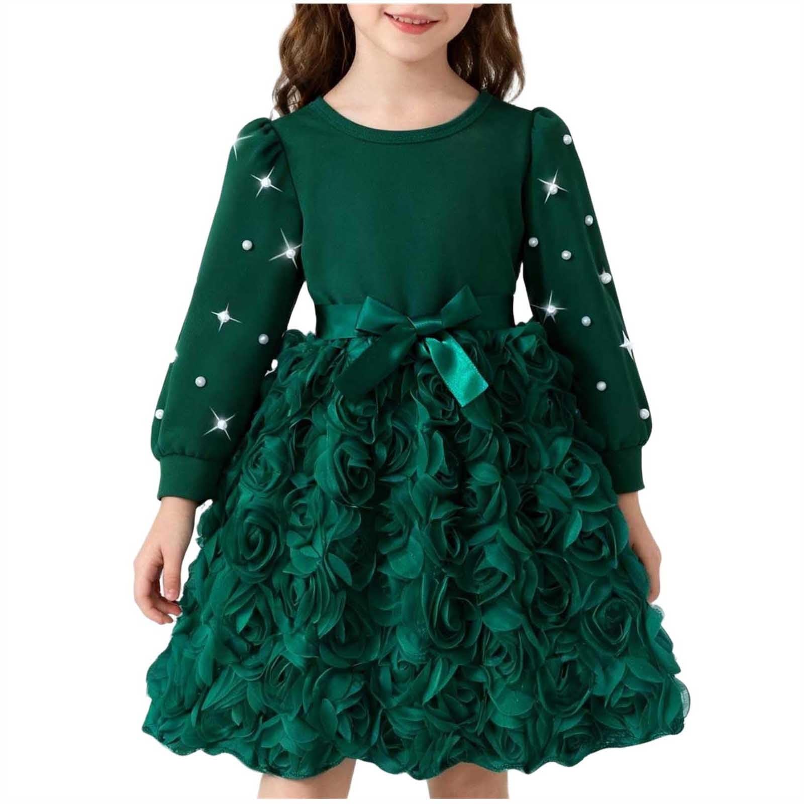 Kleider für Mädchen Rundhals Kleid Langarm Einfarbig Freizeitkleid Netz Tutu Elegant Sommerkleid Mädchenkleid A-Linie Midikleid Bogen Sommer Kleid Langarmkleid Kinder Kleider Dress 2-8 Jahre