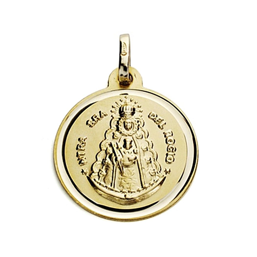 Médaille pendentif Or 18 carats Vierge de Rocio 18mm. lisse lunette ronde unisexe - personnalisable - ENREGISTREMENT INCLUS DANS LE PRIX