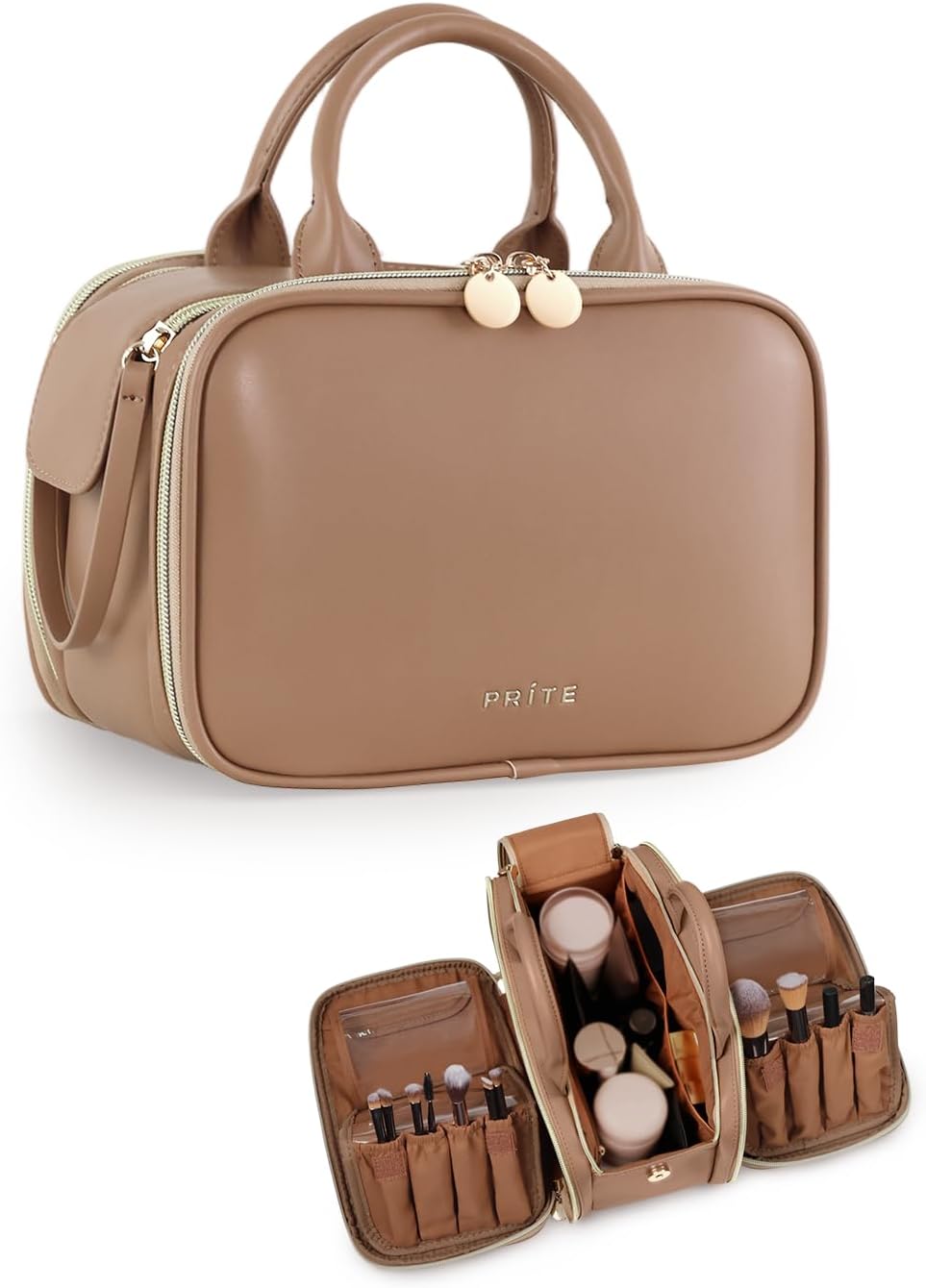 Prite Cosmetic Bag Side Openings Large Capacity Portable Waterproof Travel Toiletry Bag with Handle and Multiple Compartments, Brown