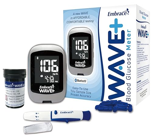 Embrace WAVE+ - Kit de prueba de diabetes Bluetooth Embrace WAVE+ Medidor de glucosa en sangre, 50 tiras de análisis de sangre, 1 dispositivo de