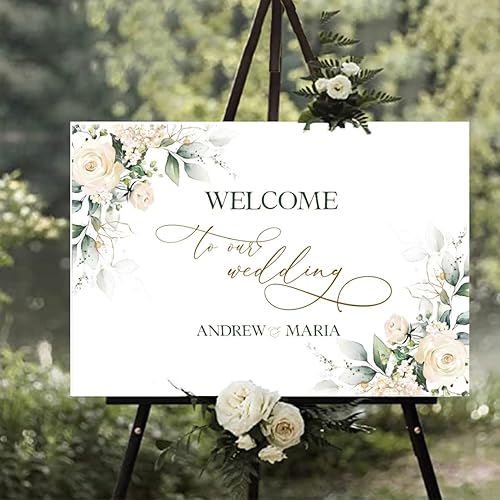 Miniatura 2 de Letrero de bienvenida de boda de cristal decorativo, letrero de bienvenida a nuestra boda, tablero de boda rosa cremoso y dorado, letrero de boda al