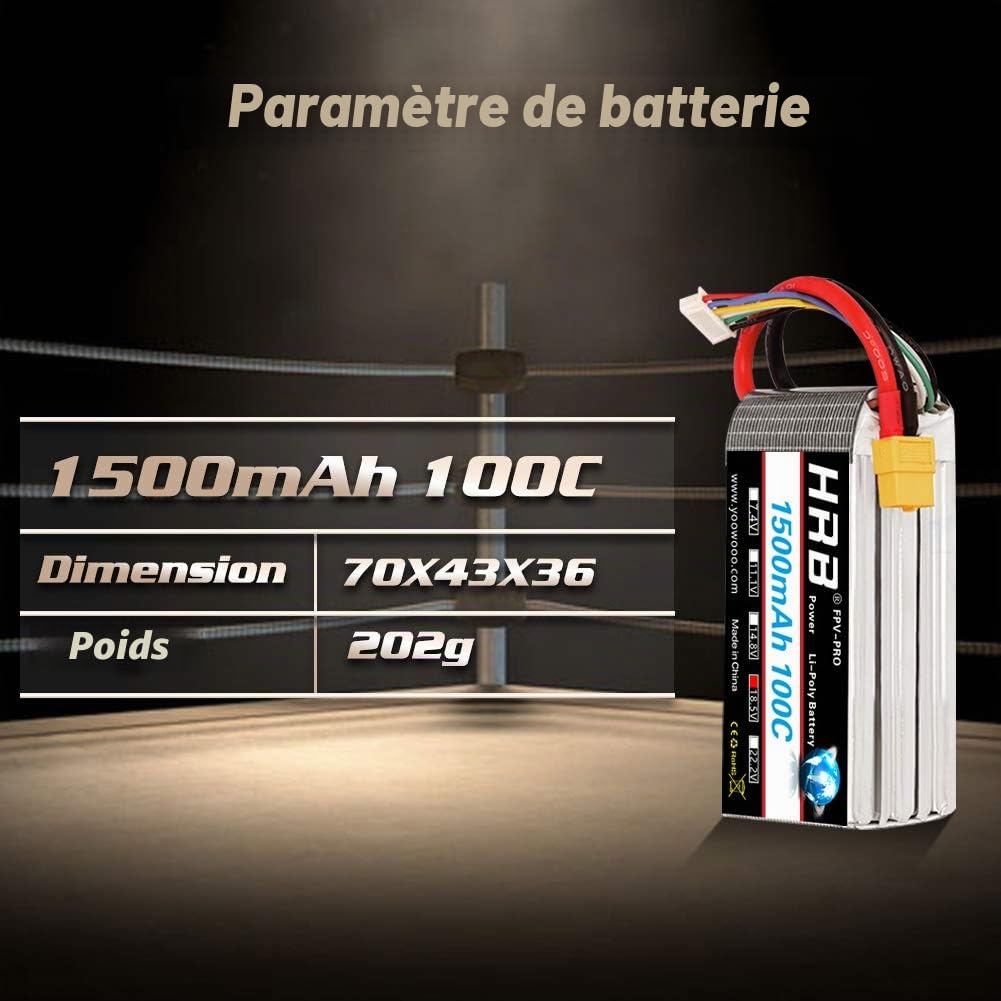 HRB Lot de 2 batteries Lipo 5S 18,5 V 1500 mAh 100 C avec prise XT60 pour hélicoptère RC avion, voiture, bateau, camion