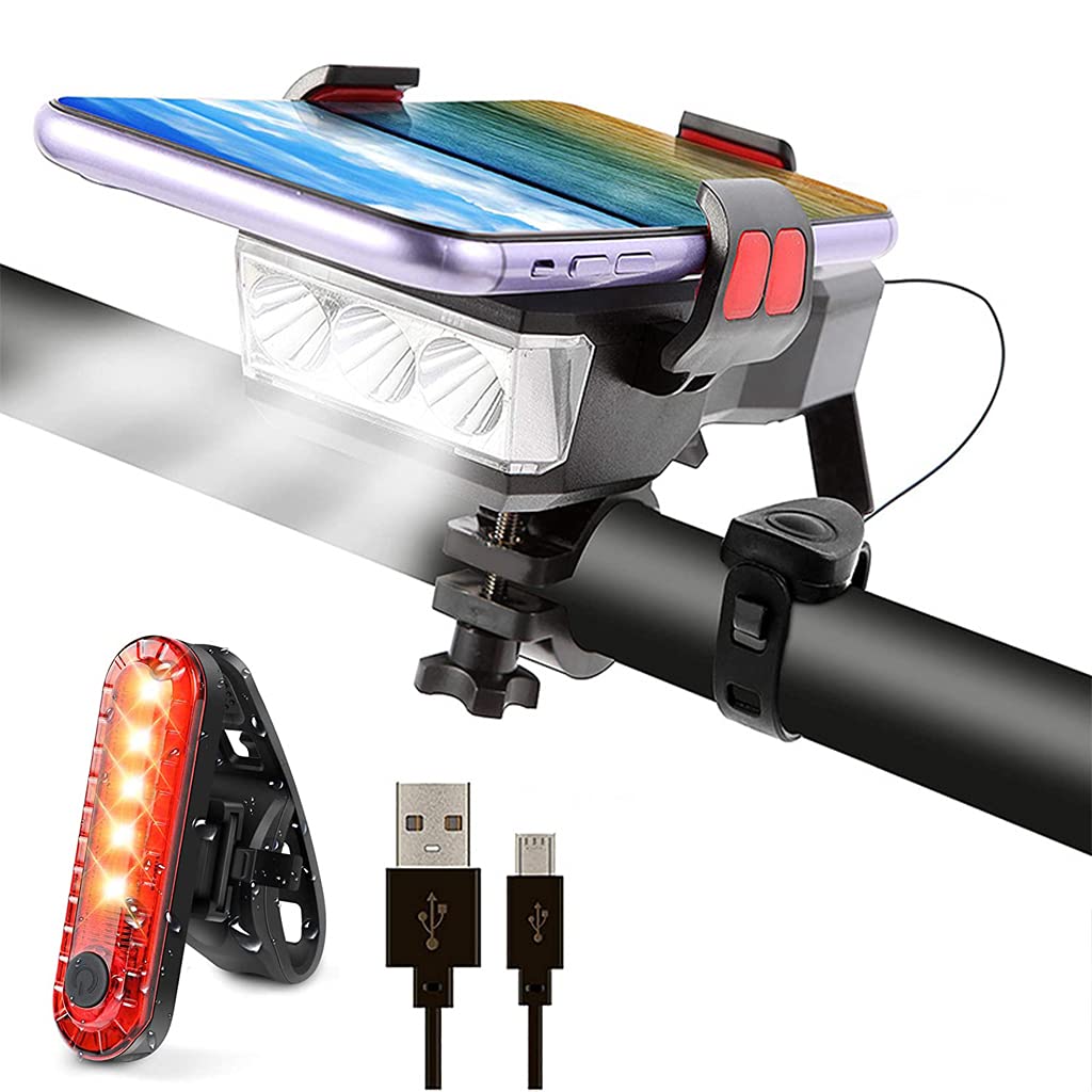 Proberos® 4 in 1 Bicycle Lights Set, 2400mAh Bicycle Mobile Phone Holder, Cycle Front Lights 550 lumens, USB Rechargeable Cycle Led Light and Back Light, Waterproof IPX4, Electric Horn 130 db