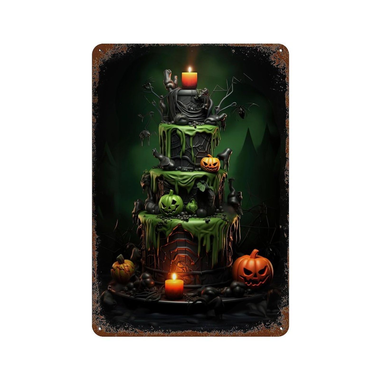Halloween Spider Web Cake Rustic Tin Plaque 11.8"x7.9", Ideal for Patio, Garden Room And Bar Decor
