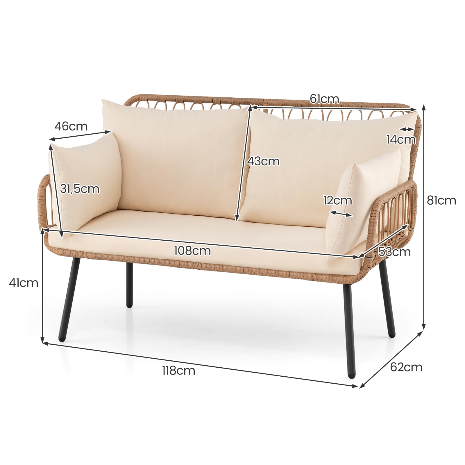 Canapé de Jardin 2 Places en Rotin Résine 118x62x81 cm avec Coussins, Cadre Métal, Charge 300 kg pour Balcon Terrasse