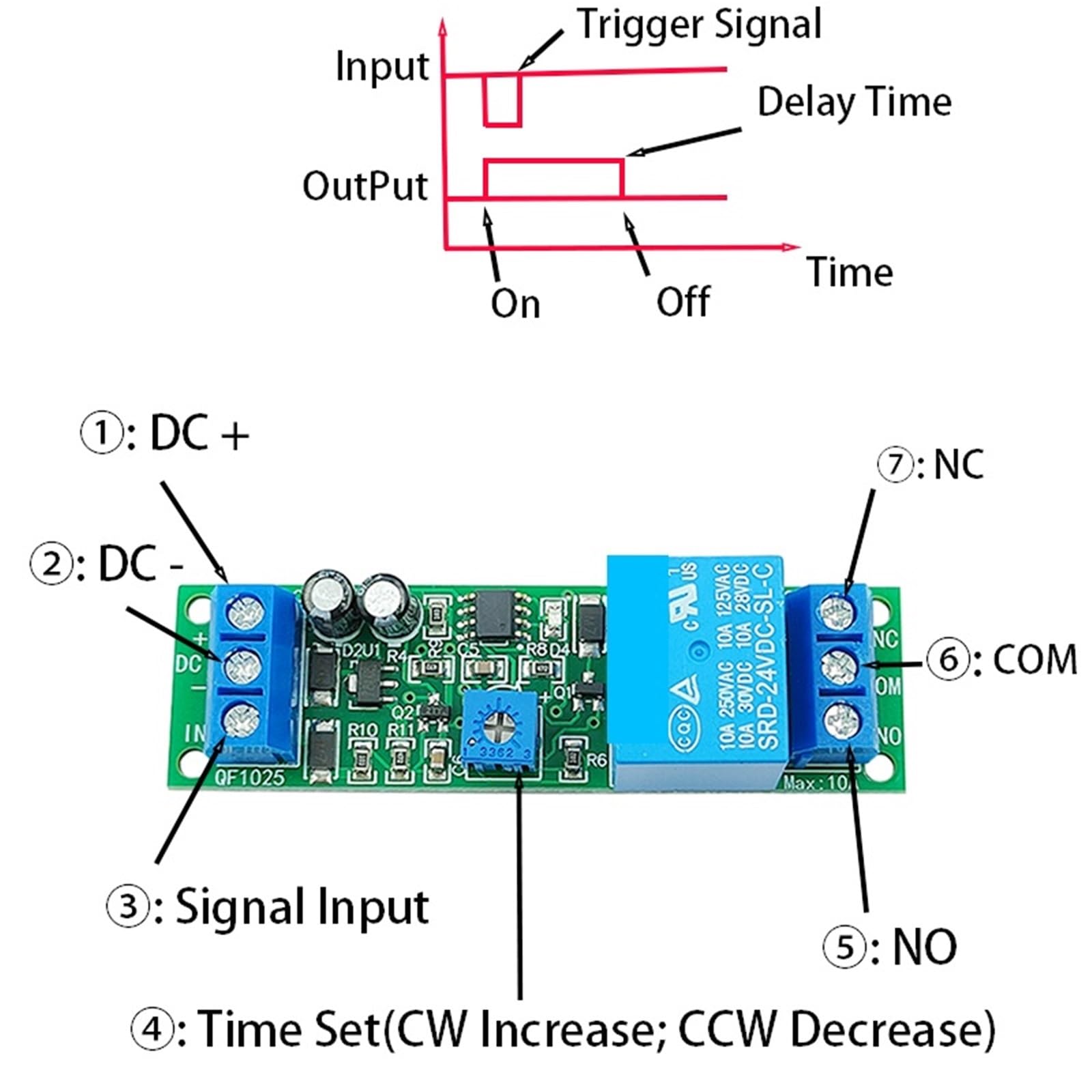 Moduł przekaźnika opóźnienia czasowego 3 V, 5 V, 12 V, 24 V, moduł przekaźnika monostabilnego z regulowanym opóźnieniem wyzwalania 10 s, 60s 10 min (DC 5 V 10S)