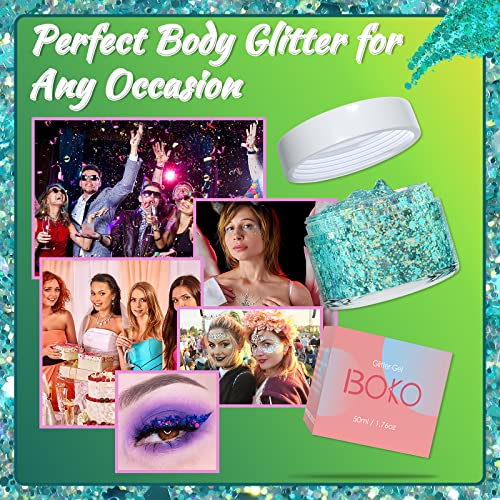 Boko 1.76Oz Body Glitter Gel,Light Ocean Blue Liquid Chunky Glitter Lotion Mermaid Sequins For Face Hair And Body Makeup, Festival Clothing, Rave Accessories And Costume - Ocean Spark #TOP4