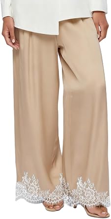 Women Satin Silk Lace Trim Pants Y2k Elastic Waist Wide Leg Pj Lounge Boxer Bottoms Trendy Causal Trousers