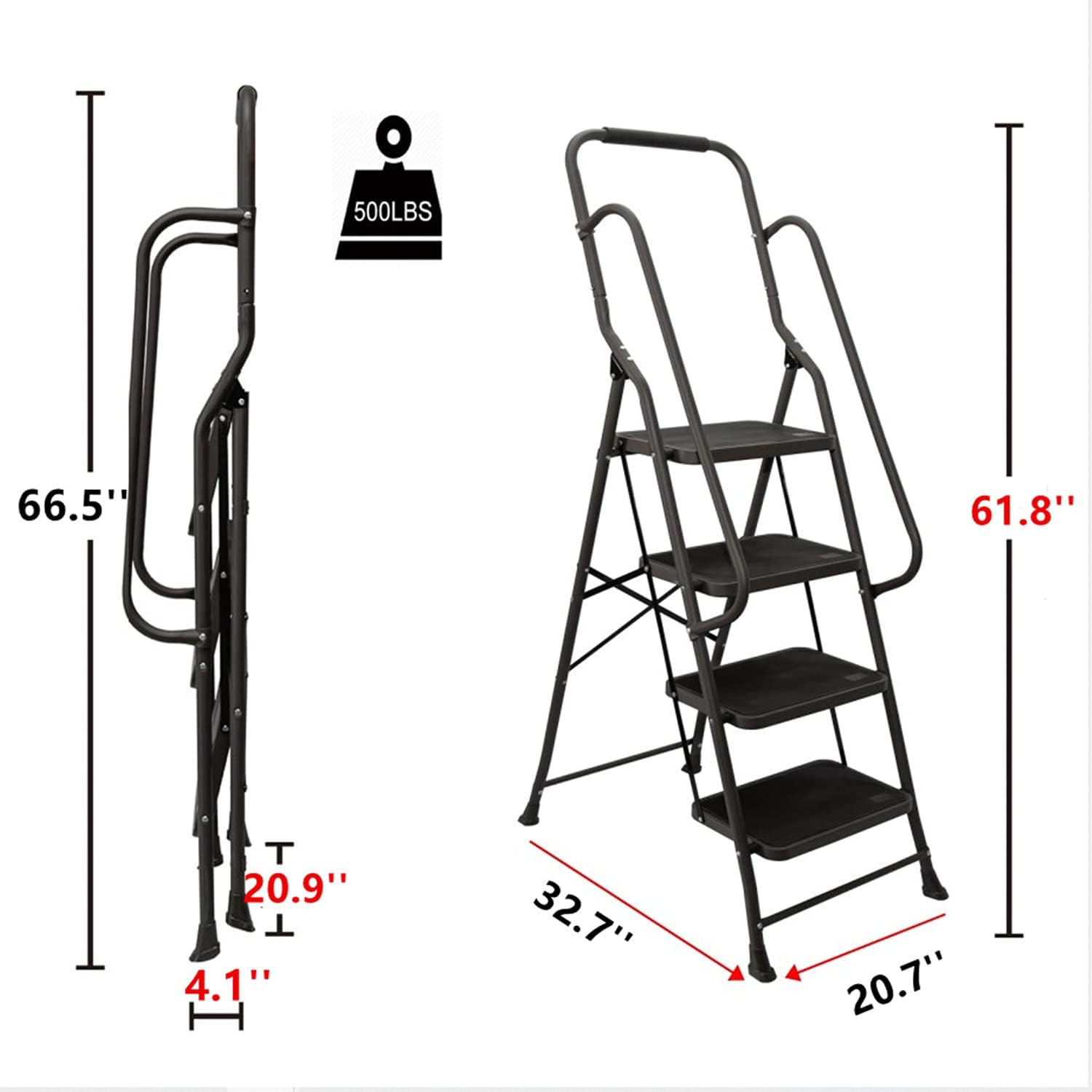 FOOWIN Step Ladder, 4 Step Folding Ladder with Handrails, Portable Steel Step Stool Wide Pedal Ladder Non-Slip Step Ladders for Home Office Kitchen with Detachable Tool Bag (4 Step) - - 