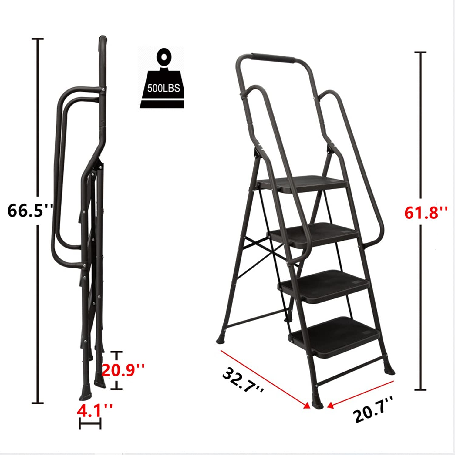 Buy FOOWIN Step Ladder, 4 Step Folding Ladder with Handrails, Portable Steel Step Stool Wide