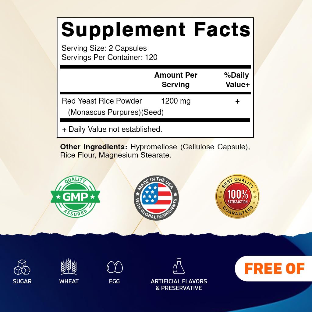 Vitamatic Red Yeast Rice 1200 mg Per Serving - 240 Veg Capsules - Made in the USA - Non-GMO & Gluten Free — Amazon image 2