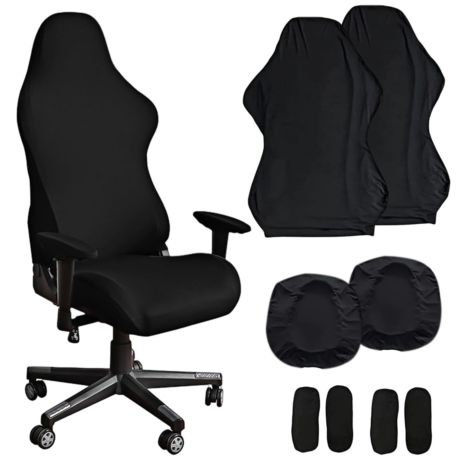 LEKEFETO Juego de 2 fundas para silla de videojuegos, color negro, elásticas, para silla de oficina, videojuegos, estilo carreras, color negro