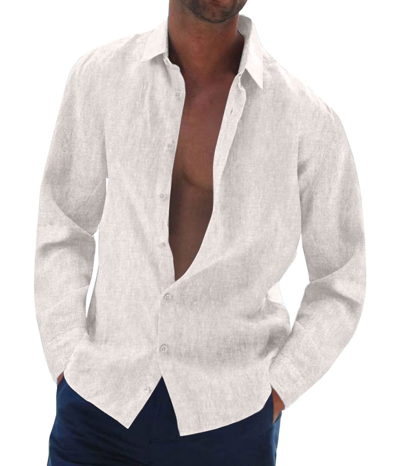 Halfword Camisa Lino Hombre Manga Larga Casual Coton Botones Camisa Verano Suelta Playa Boda Shirt