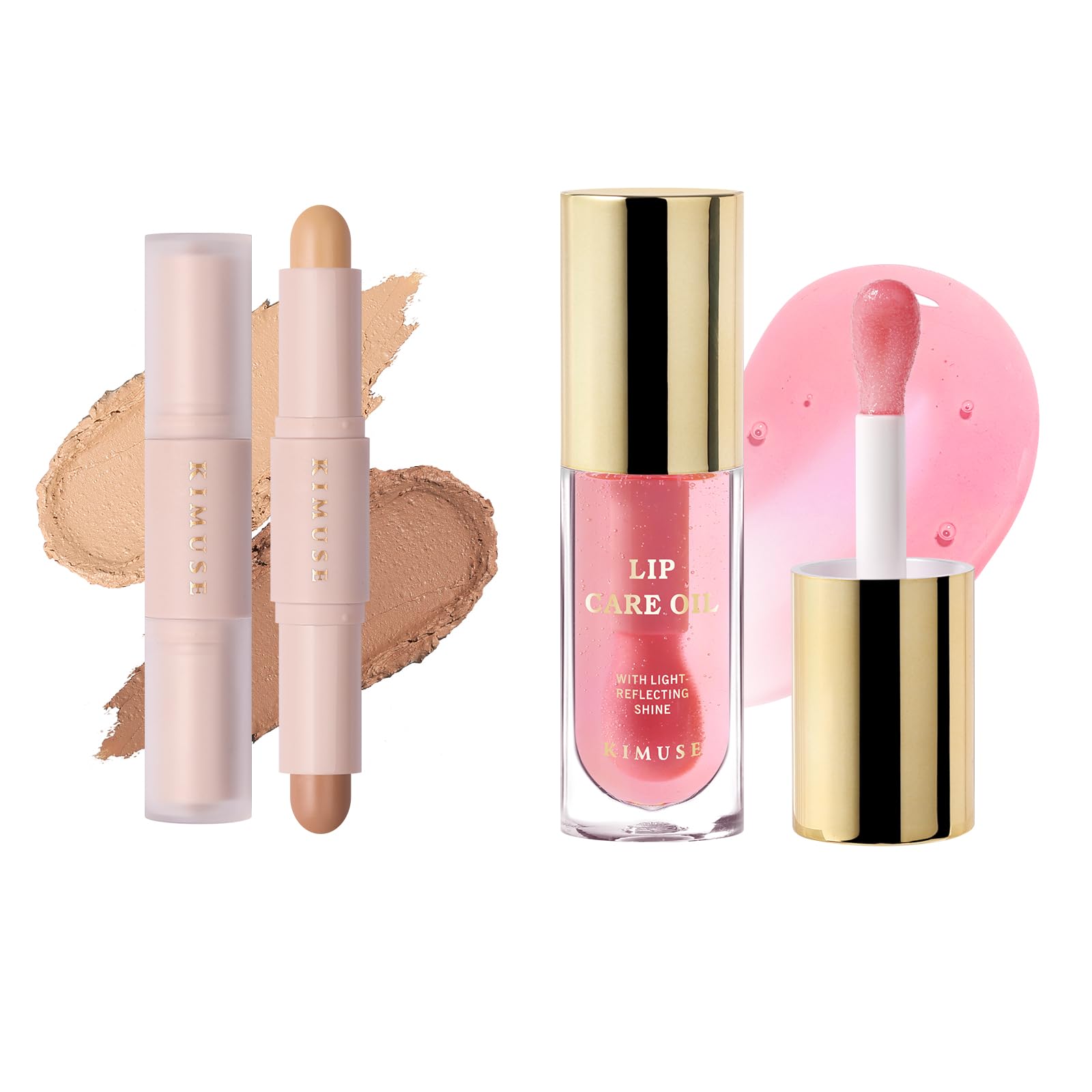 KIMUSE 2Color Dual Cream Contour Stick & High Shine Finish, Hydrating Lip Plumper Gloss Lip Care Sheer Lip Oil