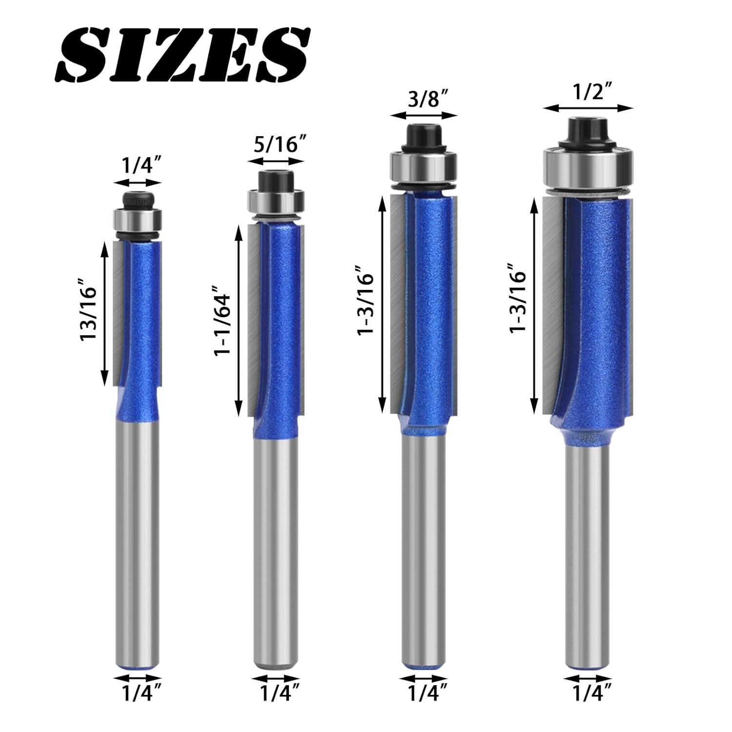 4PCS Flush Trim Router Bit Set 1/4 Inch Shank Carbide Tip Top Bearing Flush Cut Router Bit Edge Trimming
