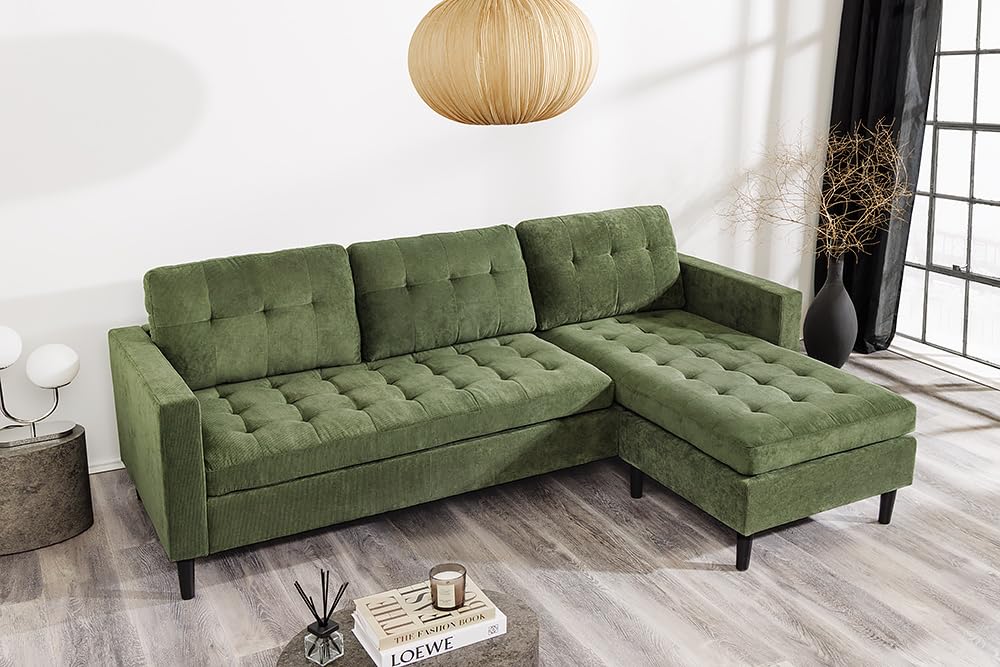 Ecksofa STOCKHOLM - 220cm - grün - Cordstoff - Federkern Rundum-Bezug | Ottomane links oder rechts montierbar, Taschenfederkern, skandinavischer Stil, pflegeleicht, belastbar bis 120 kg