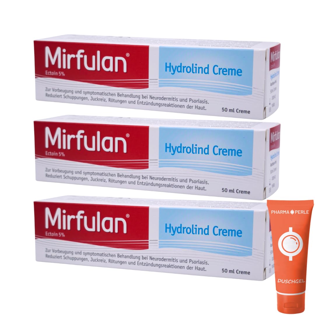 Mirfulan Hydrolind Creme 50 ml - Pflegecreme für Trockene, Schuppige & Empfindliche Haut mit 5% Ectoin & Urea - Feuchtigkeitsspendend, Schnell Einziehend, ohne Parfüm - mit Pharma Perle Duschgel (3x)