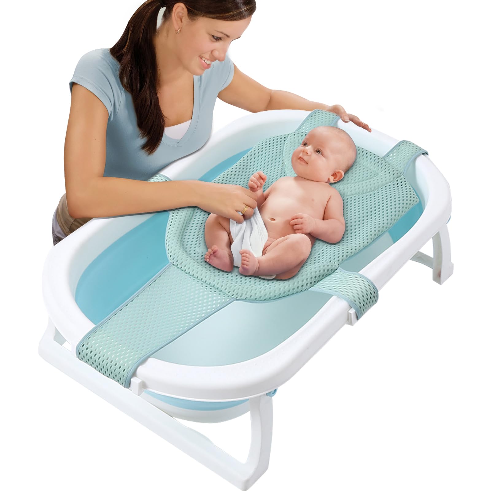 Bath Support Baby Foldable Baby Bath Support 0-6 Months with 5 Safety Support Corner Non-Slip Bath Seat Net, Adjustable Seat Cushion and Safety Belt(Blue)