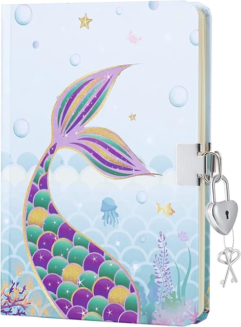 WERNNSAI Mermaid Journal for Girls - Glitter Diary Gift for Kids Blue School Travel Private Notebook Hardcover A5 Lined Memos Writing Drawing Notepad with Lock and Keys (NL-Unicorn Notebook)