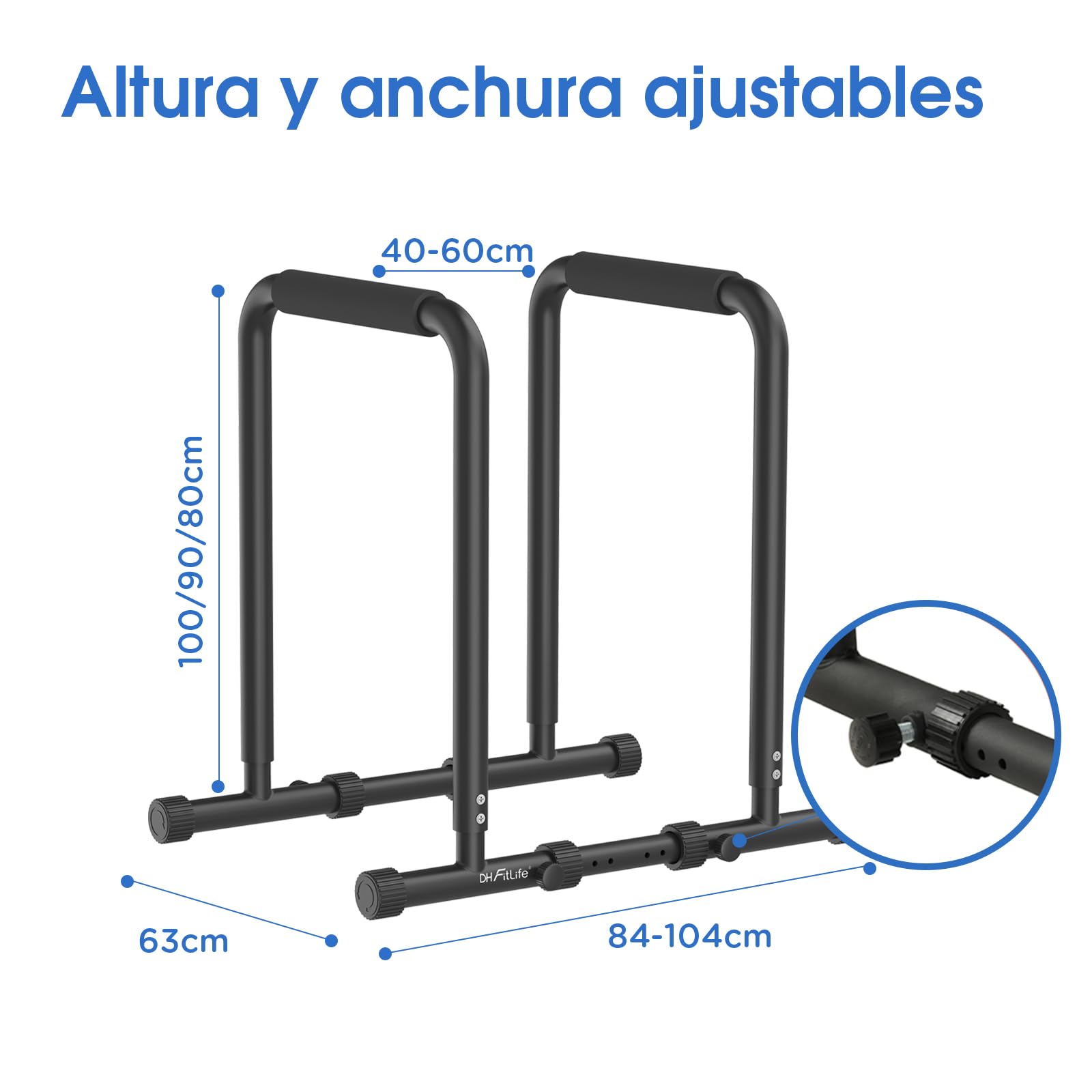 DH FitLife - Barras Paralelas para Calistenia en Casa | Robusta, Estable y Versátil | Dip Station Ajustable en Tres Alturas (80/90/100 cm) | Ideal para Fondos, Flexiones y Entrenamiento de Fuerza
