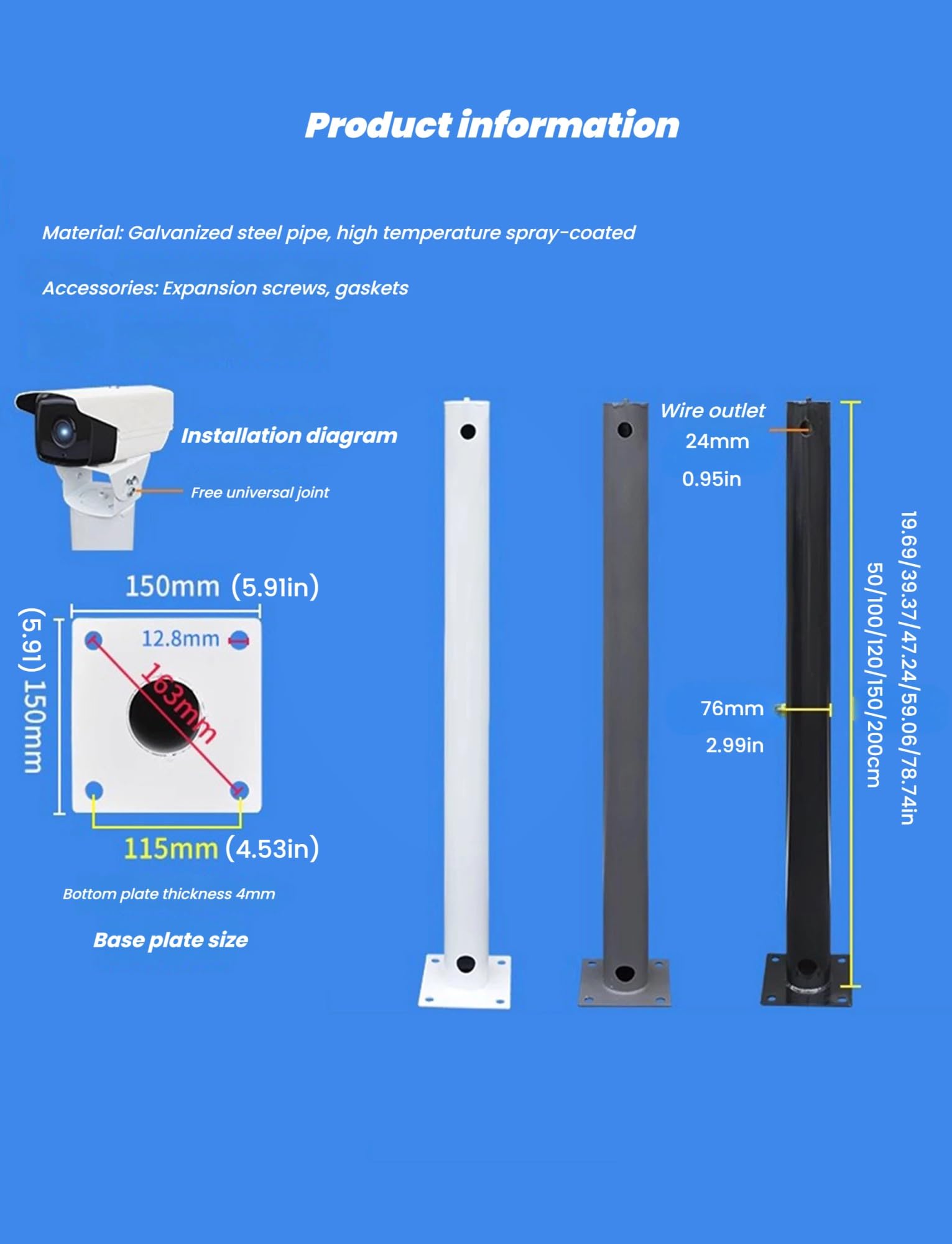 Poste para cámara, Soporte Universal para cámara de Seguridad con articulación y Tornillos - Poste Ajustable de 50 cm/19,69 Pulgadas para vigilancia, Soporte de monitoreo Negro para Uso en e
