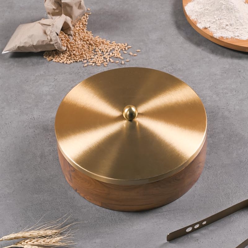 Image of Wooden Chapati Box for Kitchen - Casserole for Roti with Stainless Steel Brass Lid | Wooden Chapati Box with 1 Tong | Traditional Kitchen Organizer - Gold (Plane)