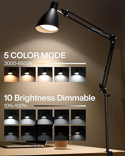 Miniatura 2 de Lámpara de escritorio LED de metal para oficina en casa, lámpara de escritorio extra alta con brazo oscilante con abrazadera, 5 modos de color, 10