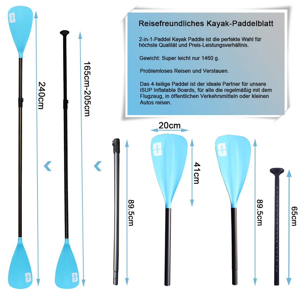DURAERO Sup Paddel 4-teiliges Paddel Längenverstellbar für Stand Up Paddling Board und Kayak, Blau, 165 cm - 240 cm