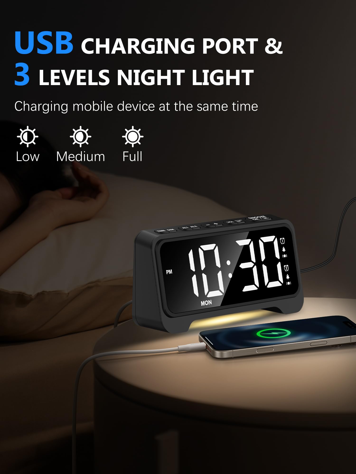 Wekker met vibratie voor diepe slapers & slechthorenden, type C-oplader, 12/24 u, luide wekker met 7-kleuren nachtlampje, groot LED-display, dimmer, snooze, batterijback-up, digitale wekker slaapkamer