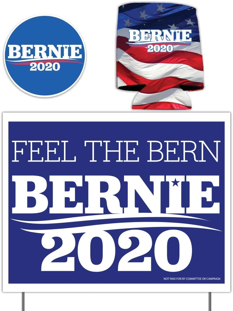 Bernie Sanders 2020 Bundle, Includes 11 Inch x 14 Inch Yard Sign with Stakes, Bernie 2020 Can Cooler and Bernie 2020 Decal