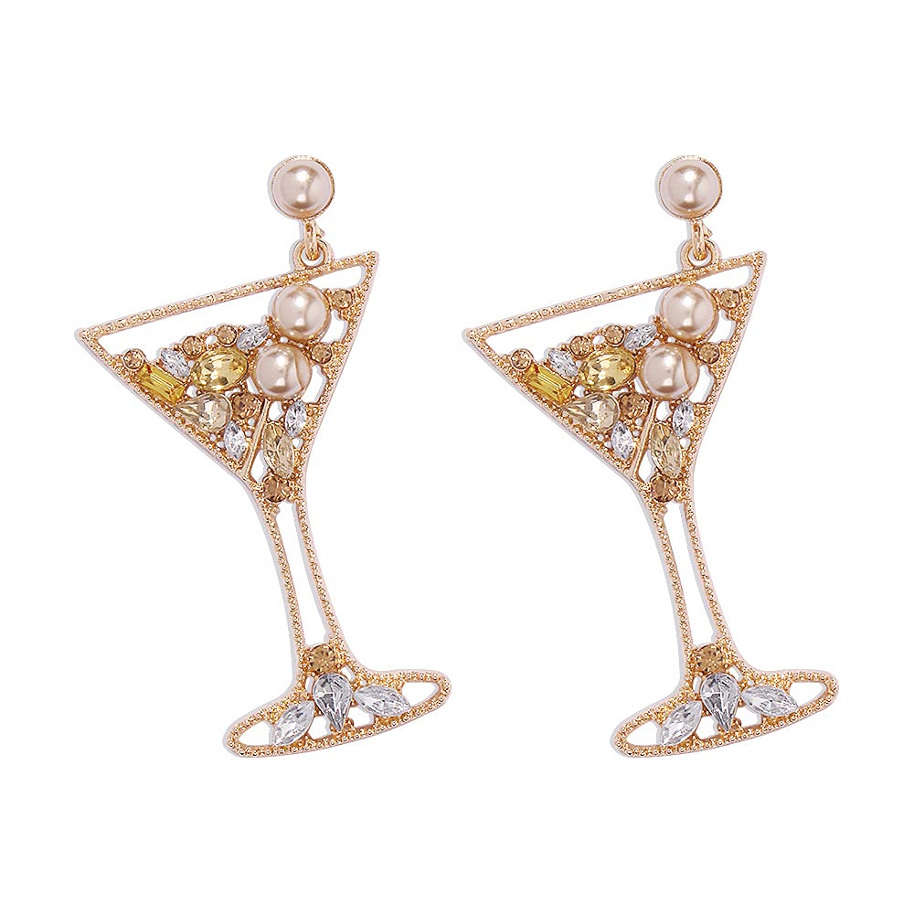 COLORFULBLING Handmade Champagne Martini Wine Glass Dangle Earrings Shiny Rhinestones Crystal Pearl Beaded Drop Earrings Charming Cocktail Glass