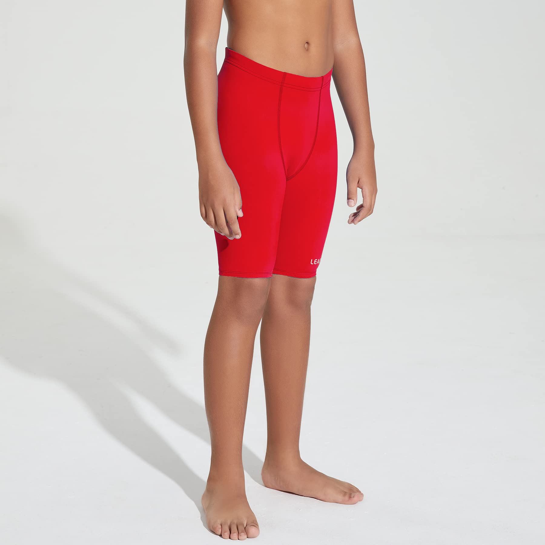 LEAO Youth Boys Swim Jammers Solid Swimsuit UPF 50+ Sun Pretection Quick Dry Athletic Swimming Shorts Red S