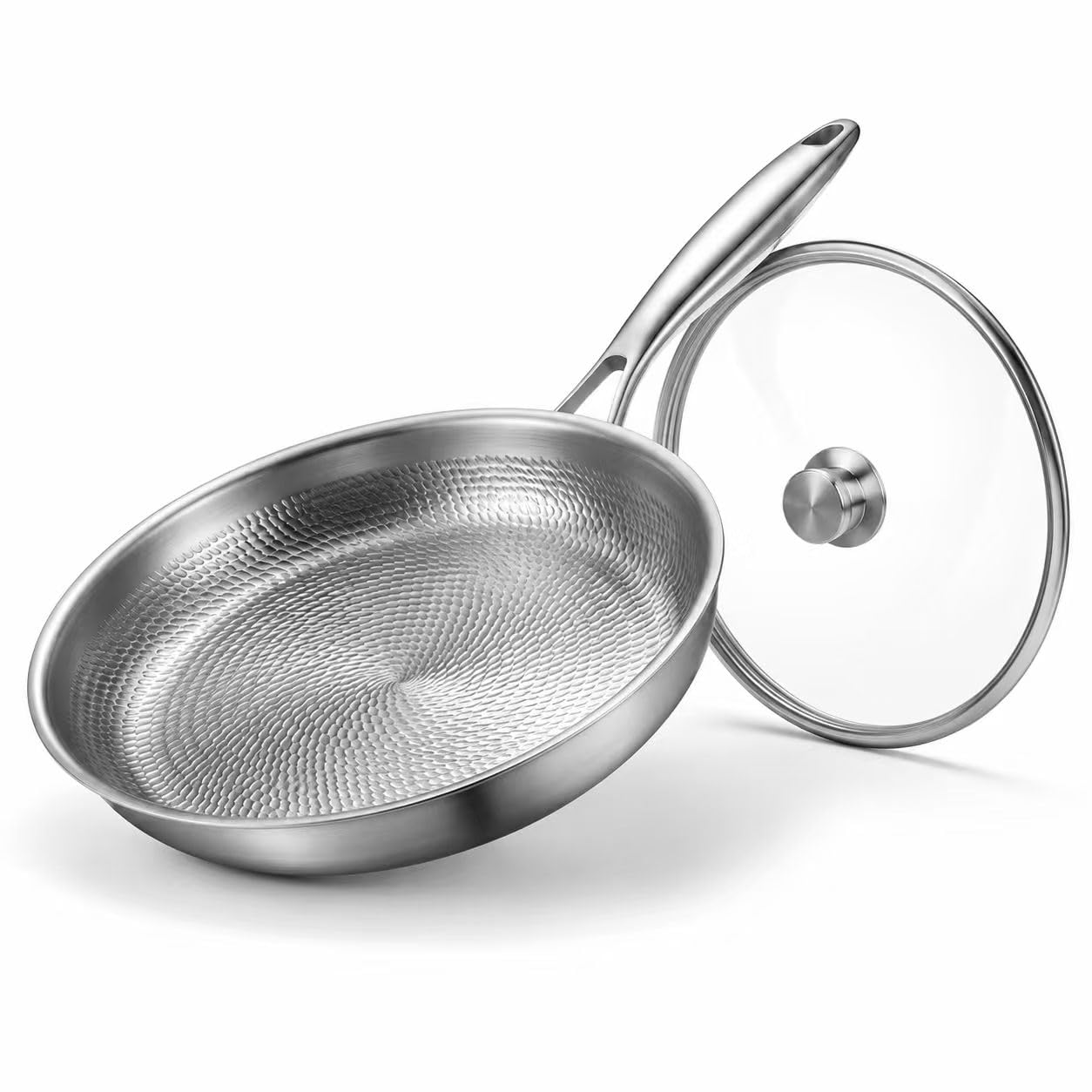 titanium frying pan with lid, 12" uncoated hammered skillet for cooking, pfas/pfoa/ptfe free nonstick cookware, scratch resistant, for induction & gas, oven, dishwasher safe