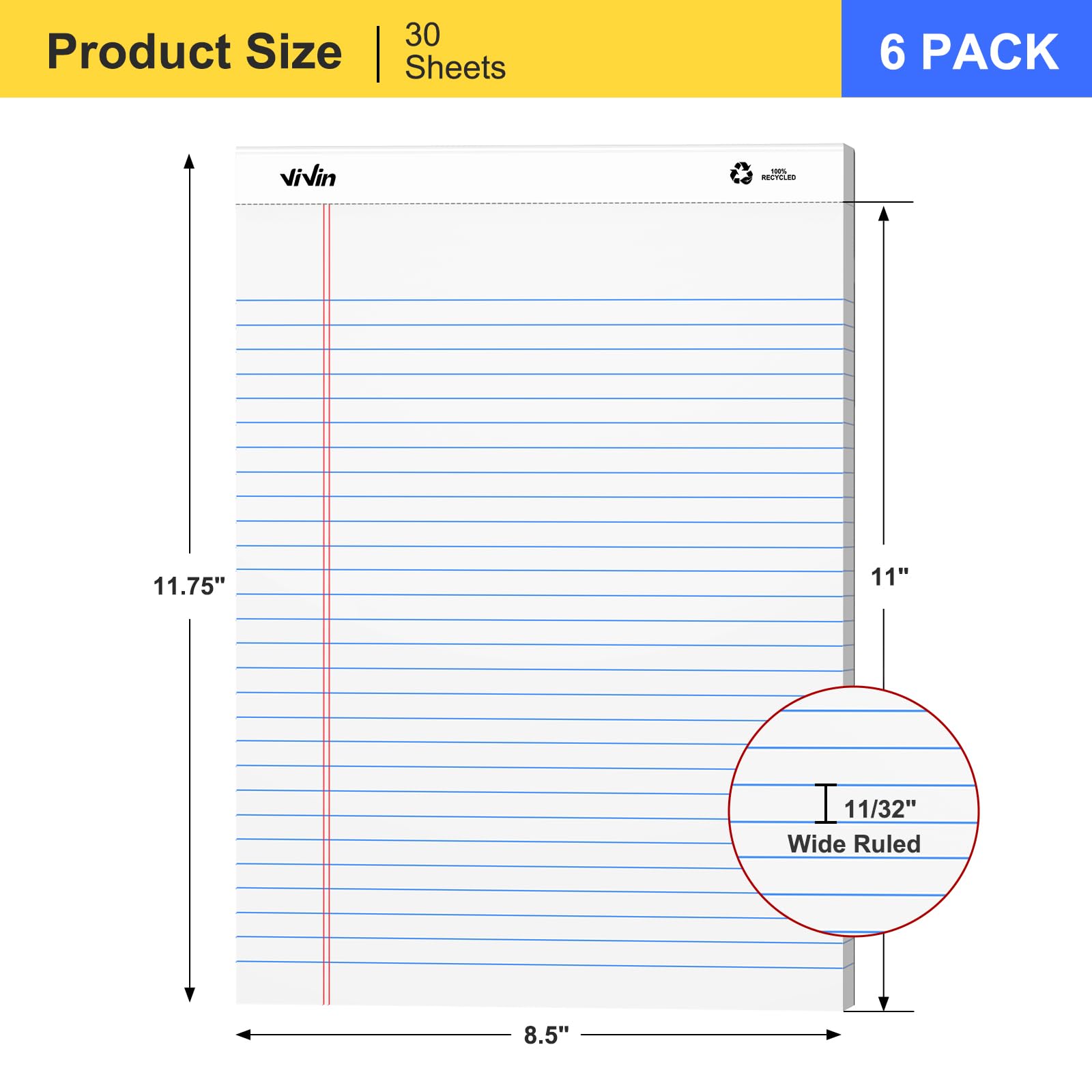 ViVin Legal Blöcke, 21,6 x 30 cm, breit liniert, Notizblöcke, 6 Stück, 30 Blatt/Block, perforierte Schreibblöcke, Notizblöcke für Büro, Zuhause, Schule, weißes Papier