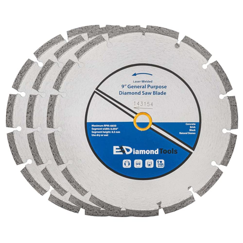 9" Laser Welded Diamond Saw Blade for Concrete, Brick, Block and Masonry, Heat Treated Blade Core, Dry or Wet, 7/8"-5/8" Arbor, 3-Pack