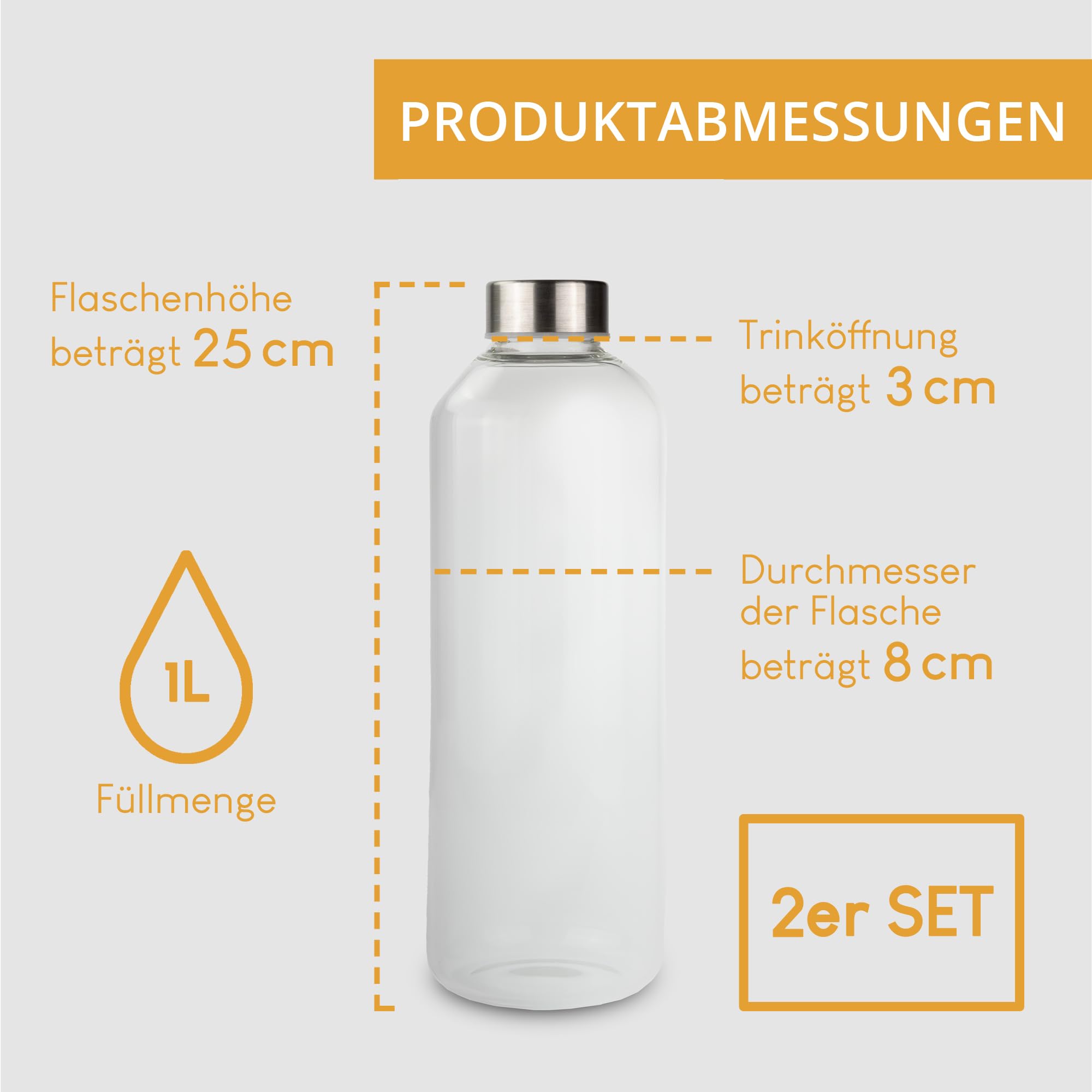 Smart-Planet Set di 2 bottiglie di vetro di alta qualità da 1 l, vetro smerigliato, bottiglia di vetro borosilicato, 1 l con coperchio, vetro smerigliato