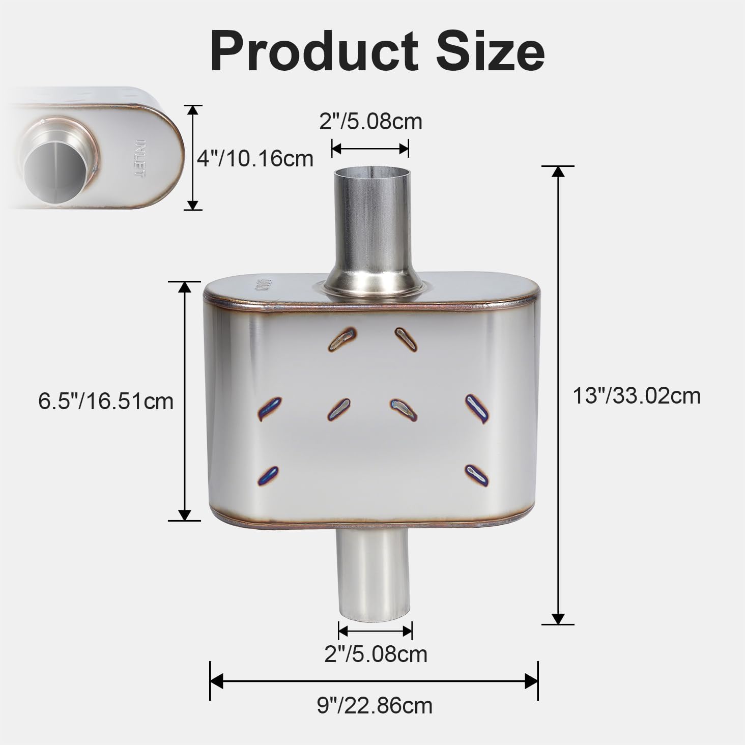 Universal Muffler Single 409 Stainless Steel Performance Muffler for Cars Trucks, 2" Inlet/Outlet, Overall Length 13", Center In | Center Out, Silver