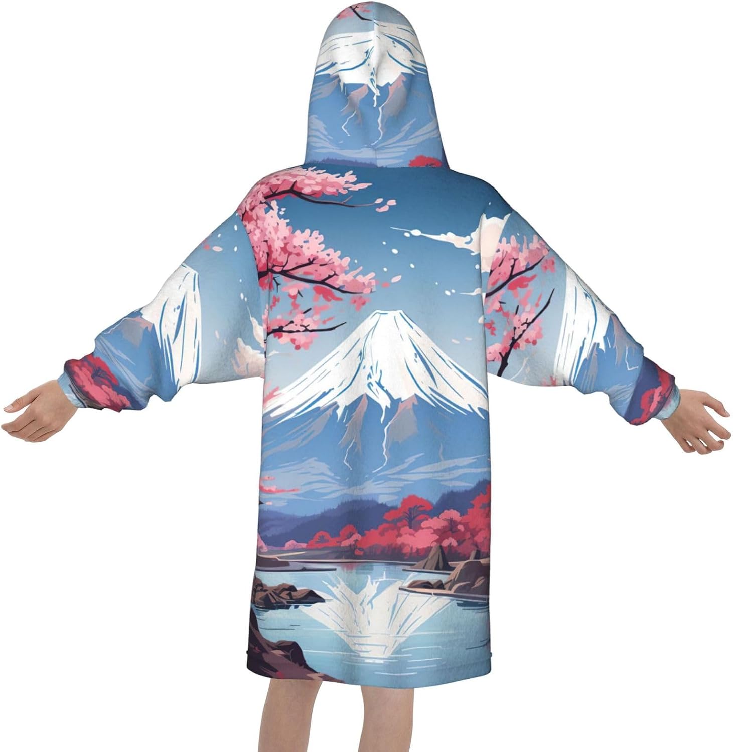 Japan Mount Fuji Landscape Print Oversized Blanket Hoodie, Wearable Blanket Hooded,Hooded Pullover With Pocket