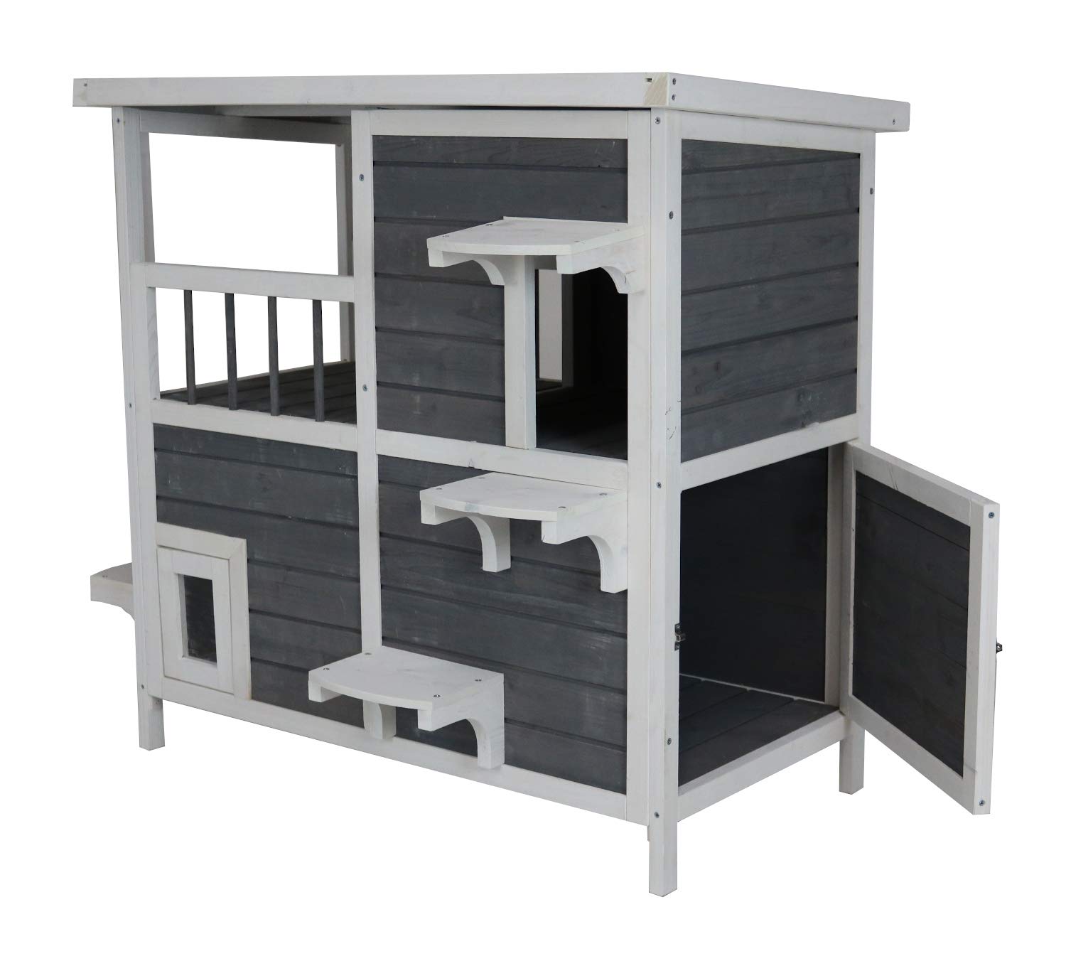 Katzenhaus 2 Etagen, Holz, grau-weiß, 87x45x90,5 cm