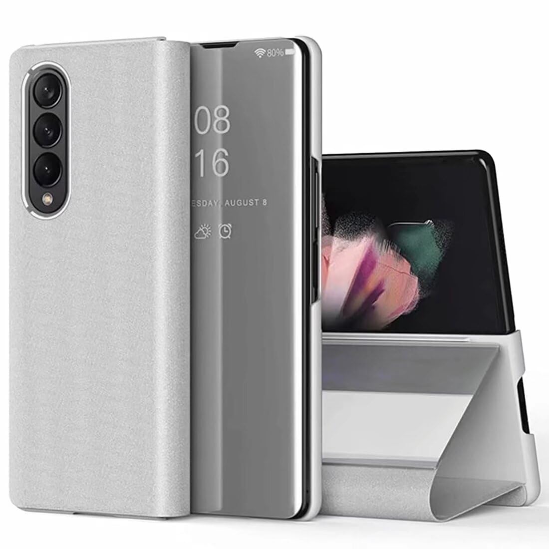 Coque Samsung Galaxy Z Fold 5 Argent - Étui Miroir à Placage Rabattable Antichoc - 8