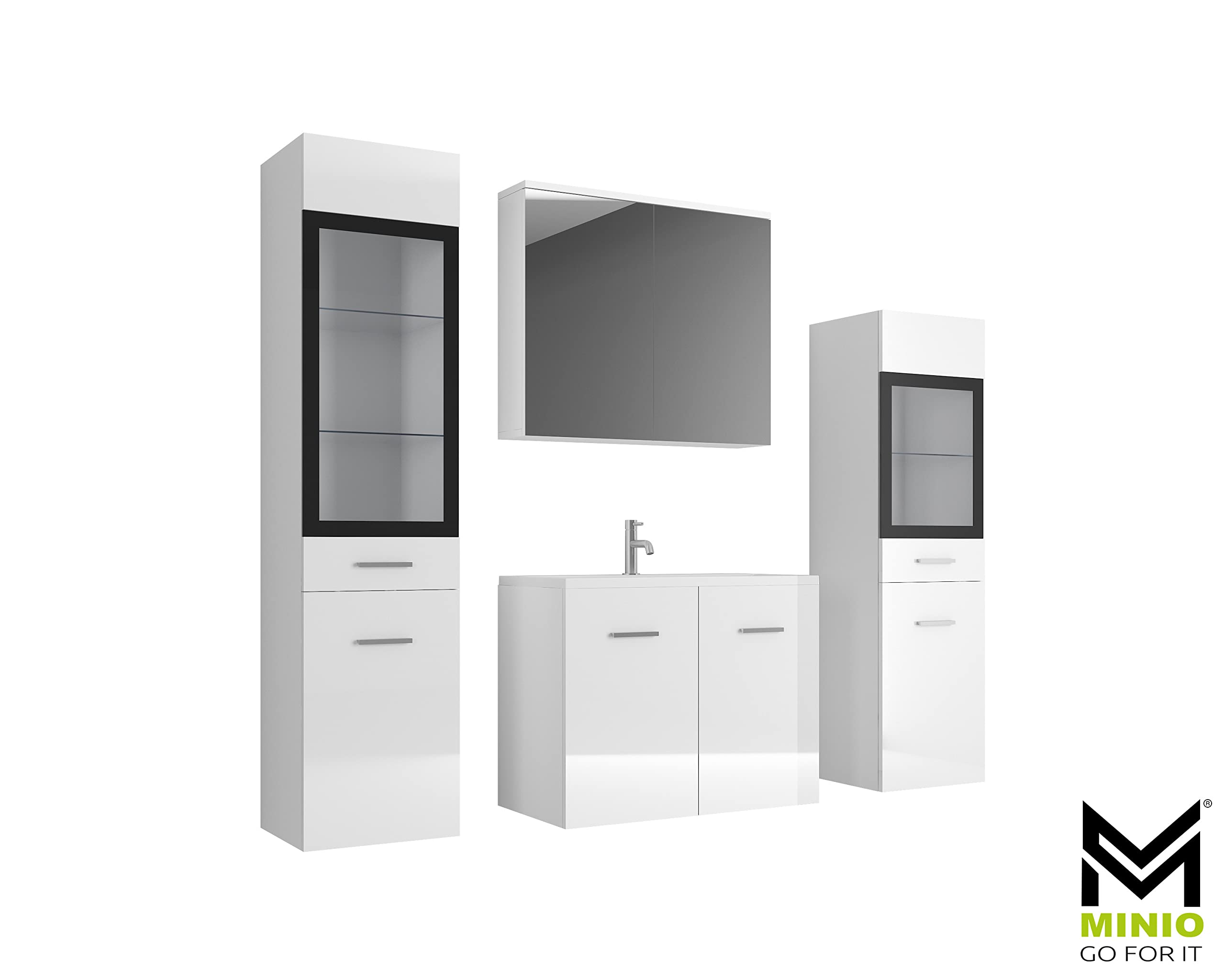 MINIO go for it - Badezimmermöbel Set Marit 2 Wandspiegelschrank ohne LED | Schrank mit Waschbecken, Farbe: Weiß Matt / Weiß Hochglanz