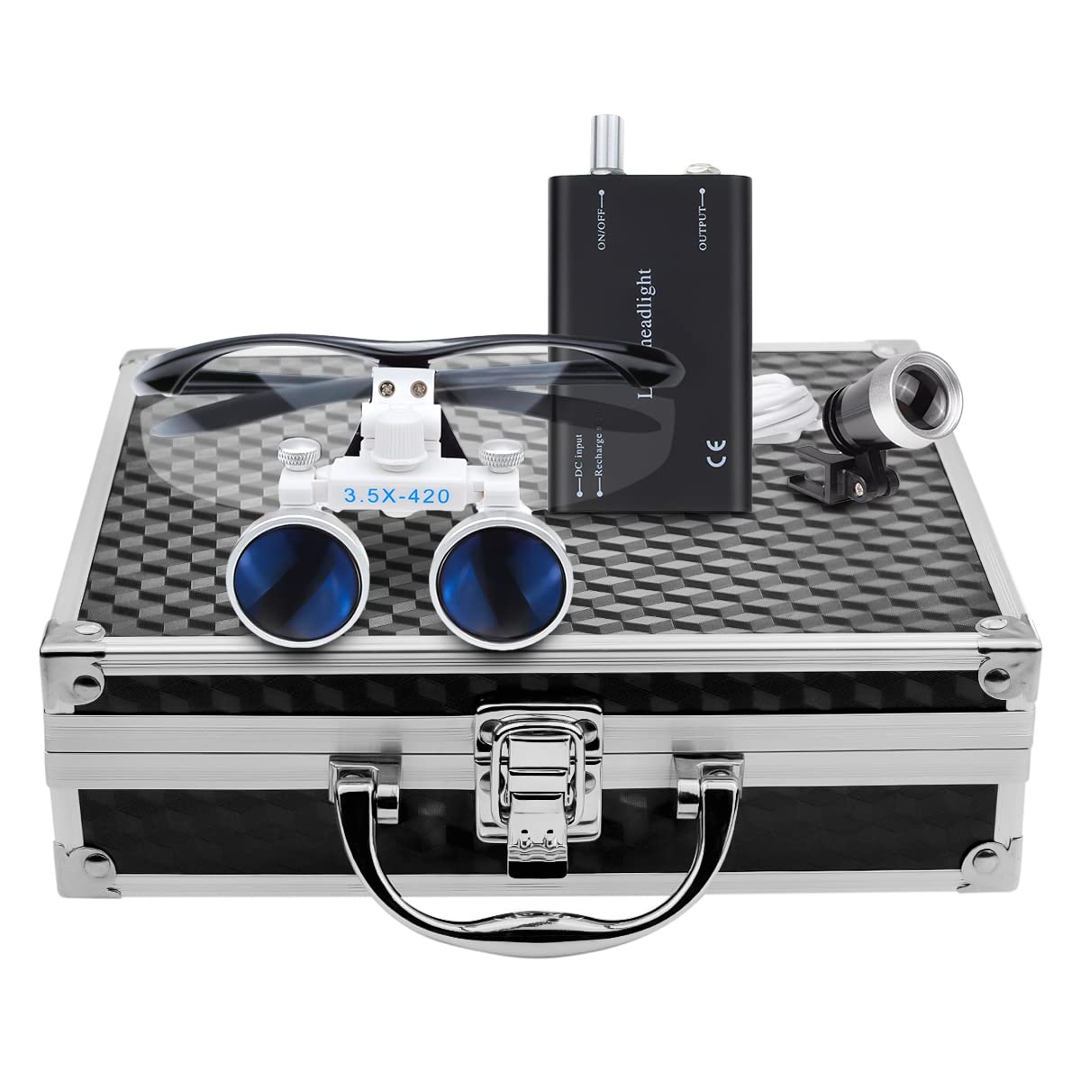 Loupe binoculaire avec lampe frontale LED grossissement 3,5x distance de travail 420 mm boîte aluminium