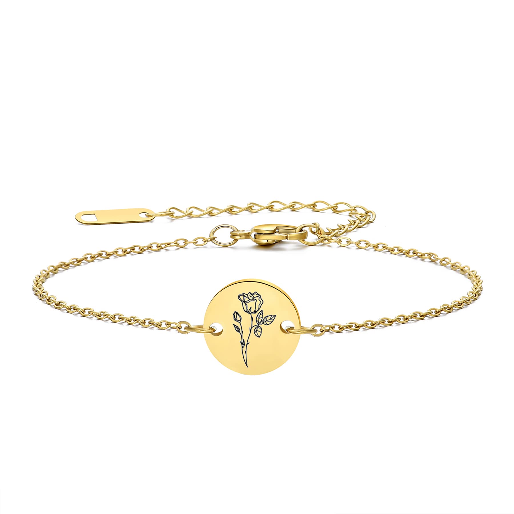 LOXUAKAMBirth Flower Bracelet 18k Gold Engraved Custom Floral Pendant Bracelets Dainty Stainless Steel Birth Month Chain Disc Charm Hand Stamped Flower Disk Bracelets Personalized Jewelry Birthday