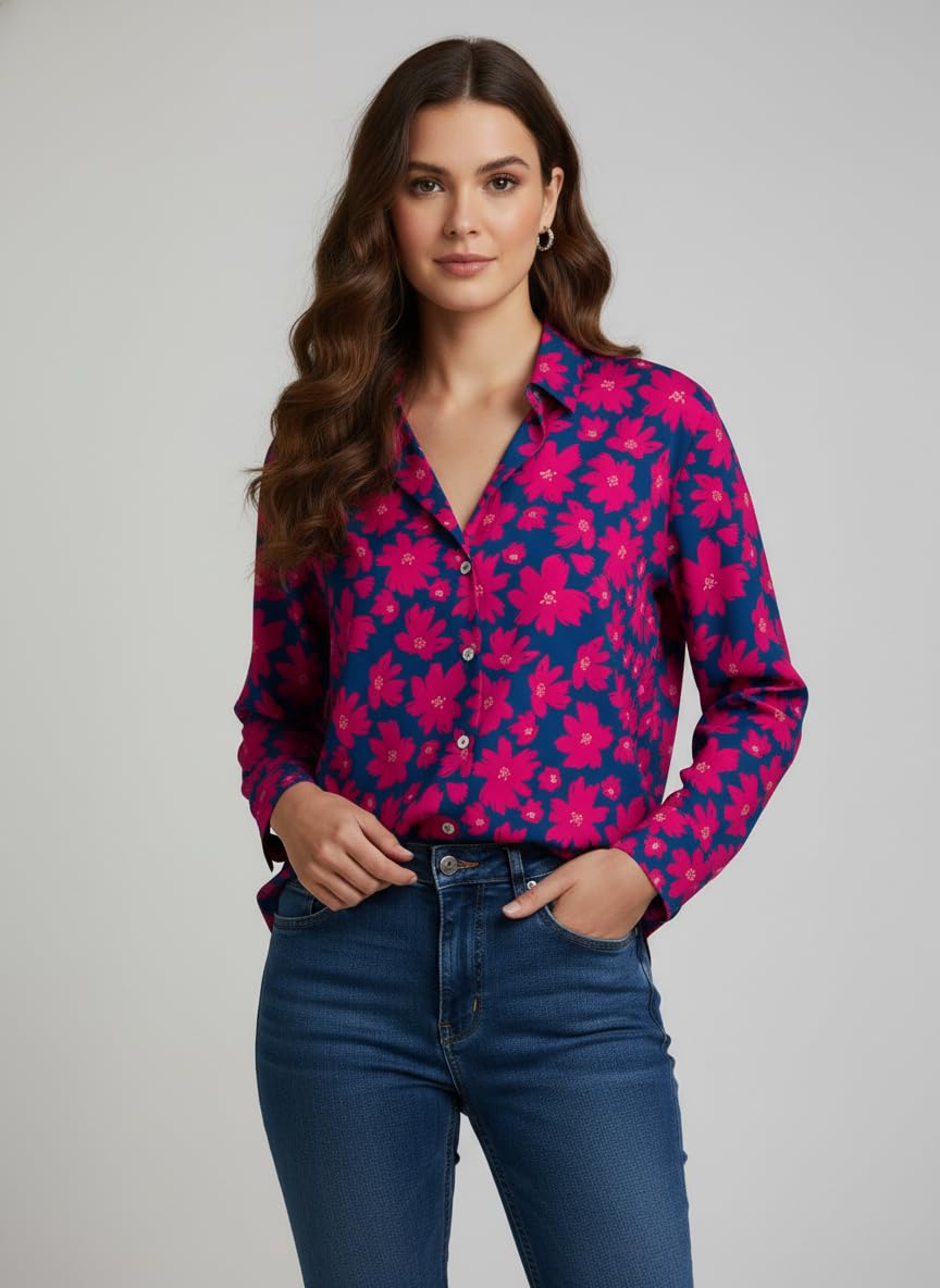 ANNI Designer Bedrucktes Damenhemd aus Baumwollmischgewebe, langärmelig, normale Passform, Hemdkragen, legere Bürokleidung, elegante Western-Kleidung für den Alltag, Hochzeit, Party