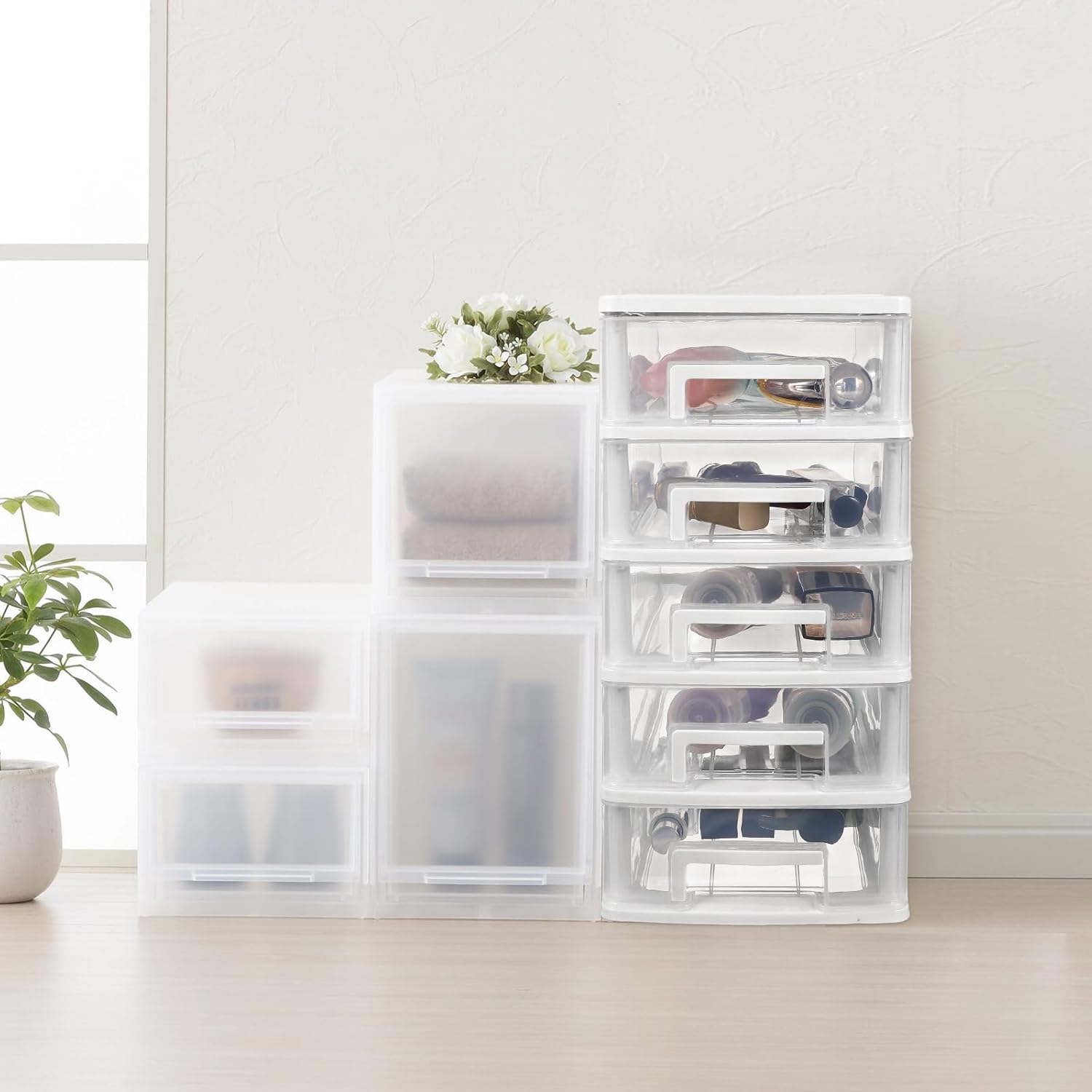 5- layer Plastic Drawer Type Closet: Portable Clear Storage Drawer Tower Multifunction Storage Rack Organizer for Home Office White