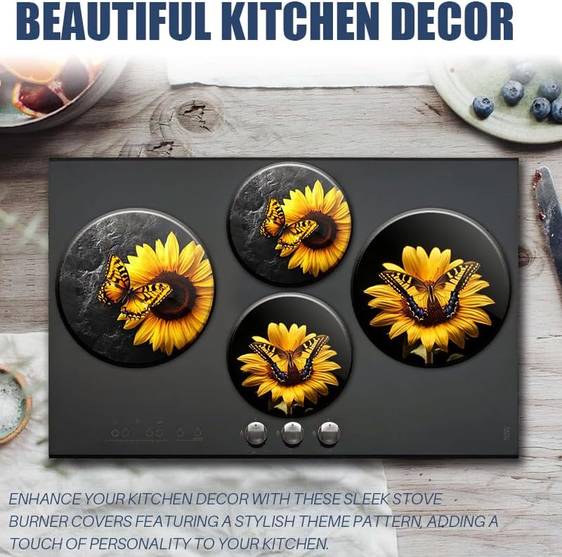 Round Stove Burner Covers For Electric Stove,Sunflower With Butterfly Print Gas Stove Burner Covers Set Of 4, 8 Inches And 10 Inches Cooktop Decorative Stove Top Covers