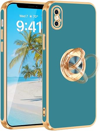 Fingic for iPhone X Case,iPhone Xs Case[with 360Ring Stand Holder] Rotatable Magnetic Kickstand Shiny Gold Edge Slim Soft TPU Shockproof Protective Cover Case for iPhone X/XS for Women Men,Blue Gray